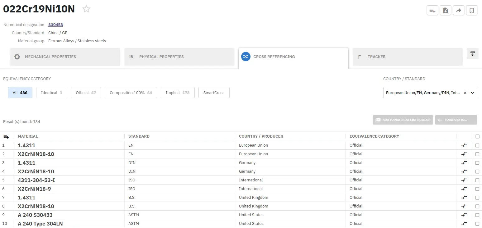 Instantly Find and Compare Materials from Different Standards!