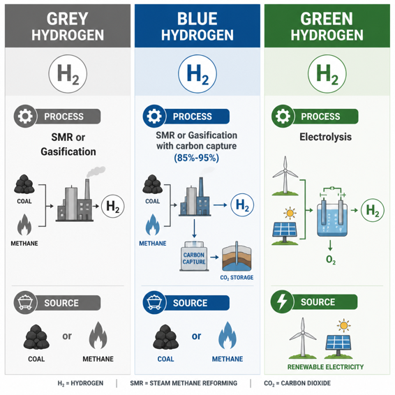 Comparison of grey, blue, and green hydrogen production pathways